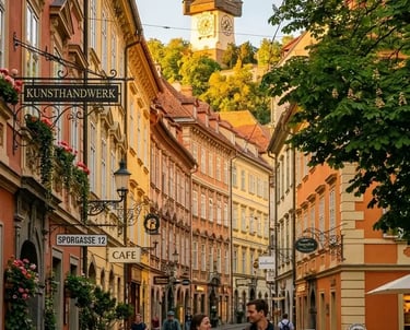 Couple walking on cobblestone street in Graz old town with clock tower in background