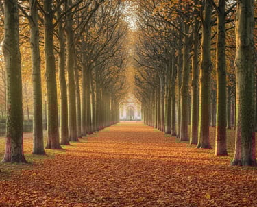 Golden autumn alley in a Paris park with morning light