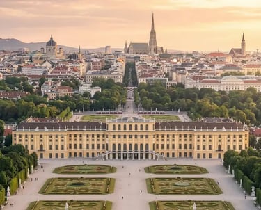 Aerial view of Schönbrunn Palace gardens and Vienna cityscape at golden hour