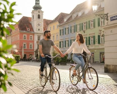 Happy couple exploring the sights of Graz on rented bicycles during their vacation.