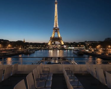 a boat on the water with a view of the eiffel tower