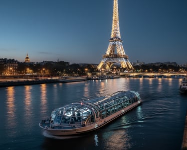 a boat on the river with a view of the eiffel tower