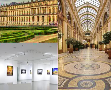 Collage of Paris garden maze, contemporary art space, and ornate arcade