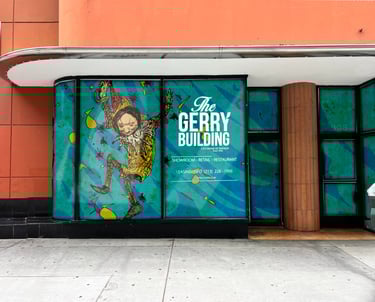 a large window with a large poster on it
