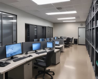 A clean and organized workspace with computers and tools.