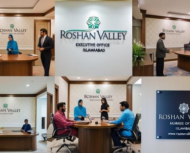a group of people standing around a table with a sign that says roshan valley