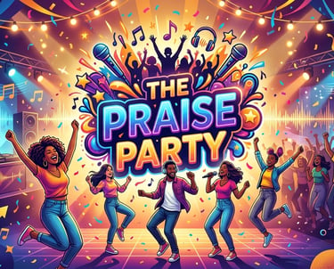 Vibrant illustration of The Praise Party with diverse people dancing at a spirit filled event.