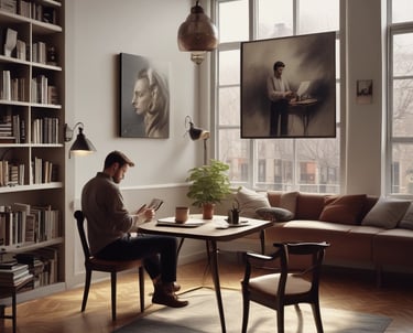 A row of self-help and business books stands upright on a table, adjacent to a laptop and a hand typing. The books have colorful covers, including titles like 'Atomic Habits' and 'The 4-Hour Work Week.' The setting appears dimly lit with a focused spotlight on the books, creating a cozy, studious ambiance.