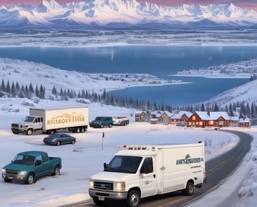 A FedEx Ground delivery truck is parked on a street next to a red brick building. The truck is white with the FedEx logo prominently displayed in purple and green on the side. A driver is seated inside, visible through the open door.