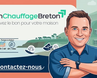Un expert chauffagiste en Bretagne devant la mer et un village breton, qui parle pompes à chaleur