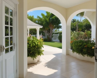 A modern multi-story building with numerous windows, featuring a central entrance labeled 'Leasing Office'. A pathway leads up to the entrance, bordered by manicured plants and palm trees. A zebra crossing stretches across the asphalt road in front of the building.