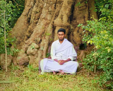 a man sitting in a meditation position in a forest