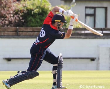 Marc Ellison plays for the Northern Knights v North West Warriors, 2019, courtesy of Cricket Europe