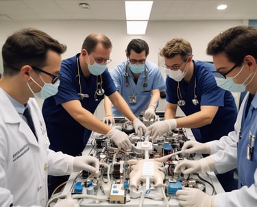 A workshop setting features two men seated on chairs, one wearing a hat and the other a cap. A young person lies on the ground with a dog next to them. Tools, a red vehicle, and various workshop items are in the background.