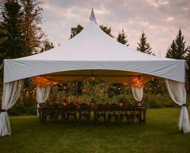 Carpa 20x20 en el patio de una casa, adornada con luces, sillas, mesas