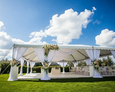 Carpa 30x40 Para boda, decorada con manteleria 