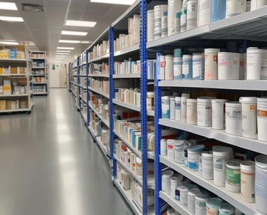 A bright, organized warehouse in Brisbane filled with neatly stacked medical supplies and packages ready for delivery.