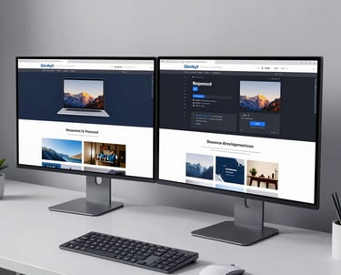 A sleek glowing computer screen showing a modern website layout with vibrant neon highlights.