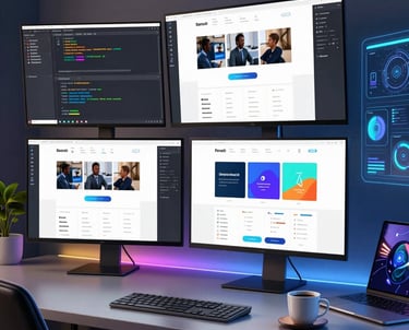Developer coding on a laptop with dark-themed code editor surrounded by neon light accents.