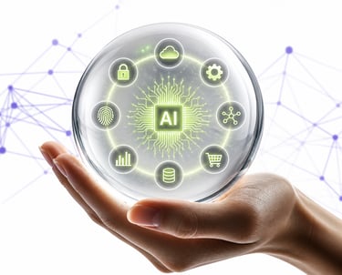 A hand holding a glowing crystal ball showcasing artificial intelligence icons and digital circuit patterns.