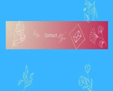  Bannière “Contact” sur fond dégradé beige‑rose, avec une icône d’enveloppe et des illustrations florales blanches.
