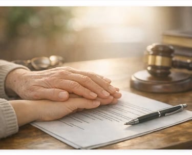 Mains d’un senior et d’un adulte unies au-dessus d’un document juridique, symbolisant l’accompagneme