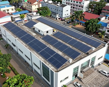 Solar panels installed on a commercial building with workers inspecting the setup.