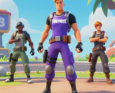 Vibrant neon gamer scene featuring Fortnite characters in action.