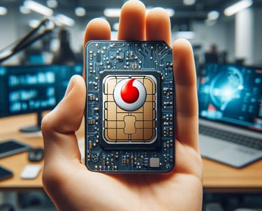 eSIM de Vodafone en primer plano, con detalles del chip y el logo de Vodafone