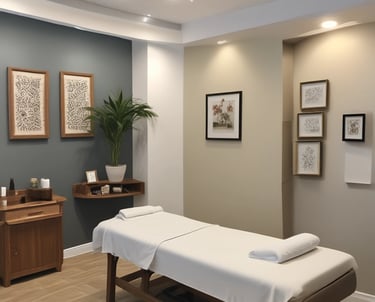 A serene spa room with massage table and soft natural lighting.