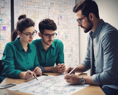 A business consultant discussing strategies with a client at a desk.