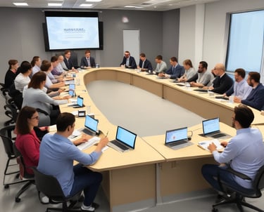A team of professionals collaborating around a conference table with documents.