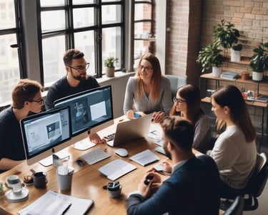 A digital marketing team brainstorming ideas in a modern office.