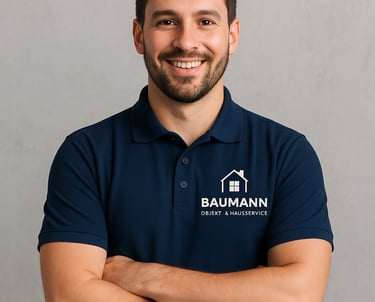 Mitarbeiter vom Baumann Baumann Objekt- & Hausservice steht mit Polo Shirt vor einer Wand