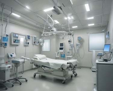 Modern hospital building with medical staff in discussion