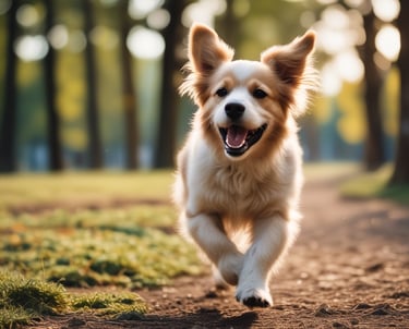 a small white dog running across a road