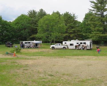 a group of people standing around a horse trailer