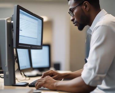 A man sitting at an AAT exam centre and doing their exam on a computer screen