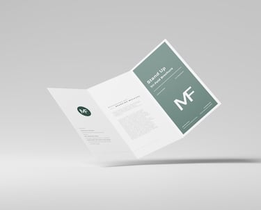 Tri-fold brochure with a minimalist design featuring the letters "MF" and text on a clean, light background.