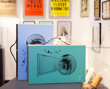 Two coloured FluxKit suitcases: green and blue. They feature a keyhole and a peeking eye. 