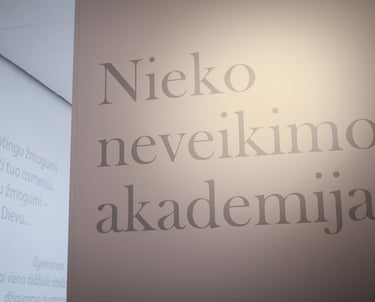 Užrašas "Nieko neveikimo akademija". Ant baltos sienelės užklijuotas pilkos spalvos lipdukas. 