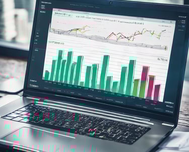 A person is looking at a computer screen displaying a document titled 'Overview - All Private Equity - Fundraising, Investments, & D'. The document contains statistical charts and graphs related to private equity market statistics from 2007 to 2022. Various tabs and functions like 'File', 'Home', 'Insert', and 'Design' are visible in the interface.