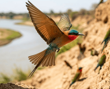 Karmijnrode Bijeneter (Merops nubicus) in vlucht bij een broedkolonie in Gambia.