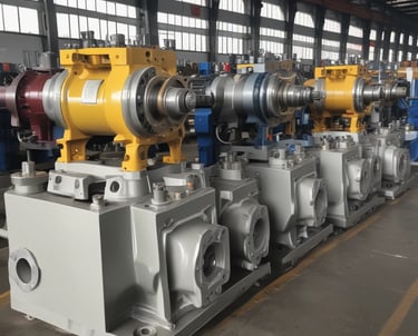 A close-up of a metallic mechanical component featuring green painted parts, a brass or bronze fitting, and a threaded pipe extending vertically. The focus is on the industrial equipment, showing the textures and details of the metal surfaces.