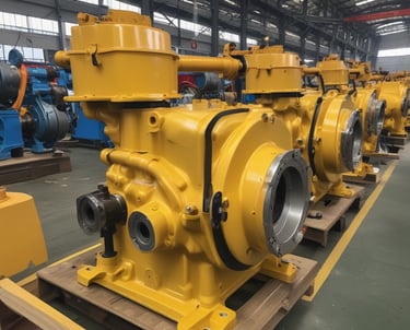 Close-up view of a metal mechanical component with interconnected rods and cylindrical gears, featuring metallic surfaces with various finishes, surrounded by industrial machinery parts.