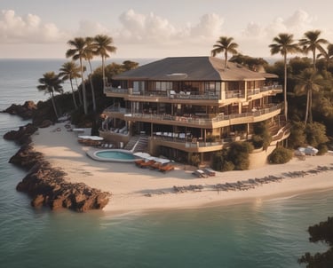 A beachfront condominium with yellow-tinted exteriors and several balconies is situated next to a sandy beach. The sky above is partly cloudy with patches of blue, creating a dramatic backdrop. There are multiple white and blue-striped beach chairs lined up on the sand, with some seagulls visible near the shoreline. Sparse greenery and palm trees are present near the building.