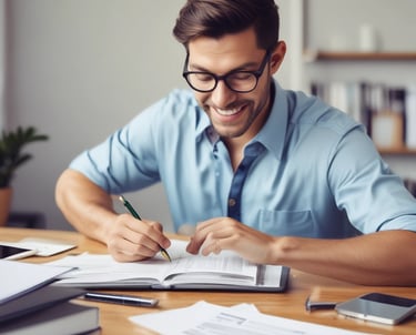 A smartphone displaying a Shopify webpage with the text 'Start your business' rests on a white surface. Next to it lies a closed notebook with geometric shapes on its cover and a sharpened pencil. A small succulent plant is visible in the top left corner.