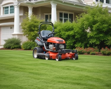 A person operates a green ride-on lawnmower, cutting grass around a small bush on a well-maintained lawn.