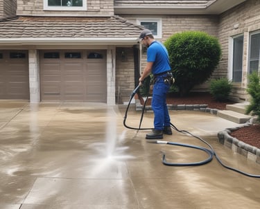 A residential street is covered with branches and leaves, possibly from recent tree maintenance or storm damage. A worker, standing on a service vehicle lift, is trimming trees near a two-story house with a brick facade. The street is lined with several trees and parked cars.