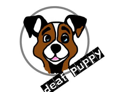 Deaf puppy logo is a 2D drawing of a smiling brown puppy in a circle